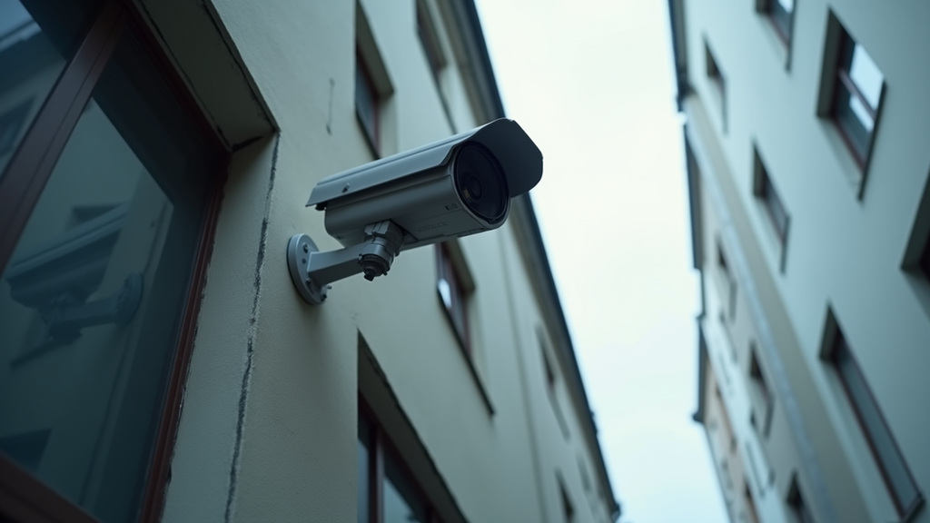 Eye-level view of CCTV camera mounted on a building exterior