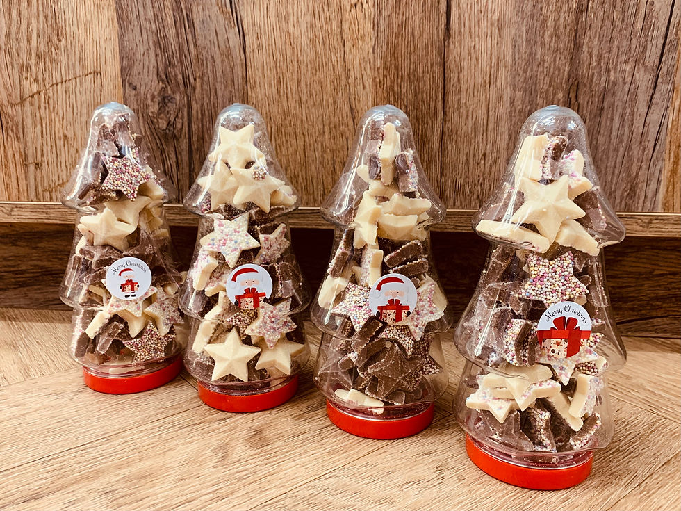 CHRISTMAS TREE JAR - FILLED WITH BROWN/WHITE CHOCOLATE STARS