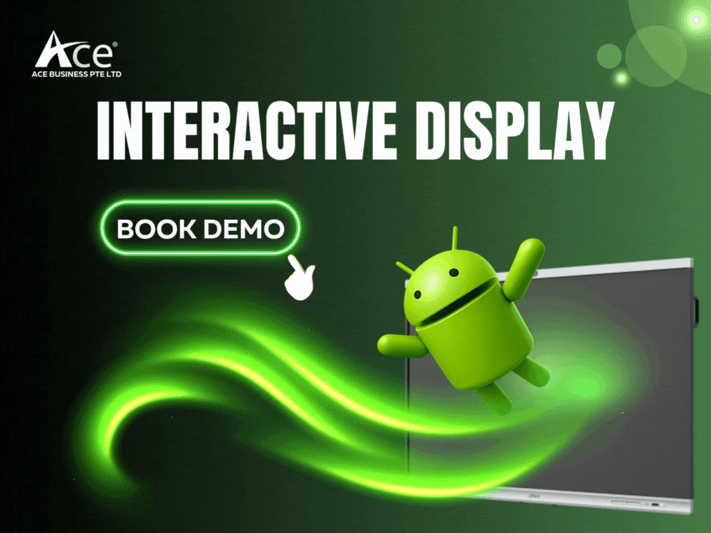 Green background with "Ace" logo, "INTERACTIVE DISPLAY" text, and a green Android figure near a screen. "BOOK DEMO" button with glowing swirl.
