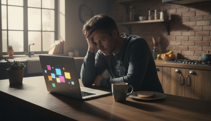 Wide-angle view of a tired person beside a laptop at home.