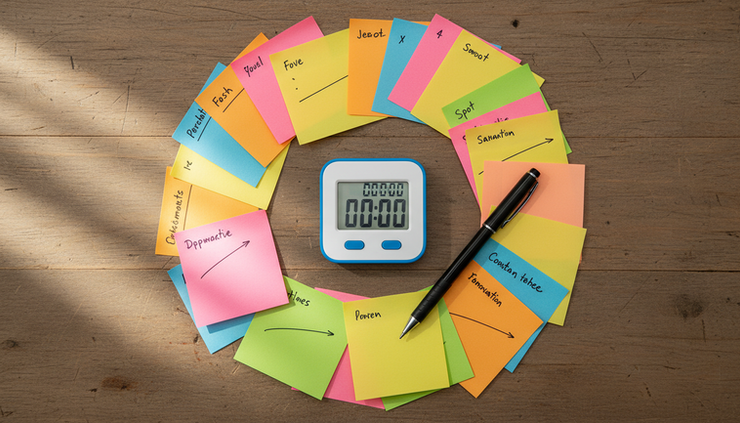 Overhead view of sticky notes and a timer on a wooden table
