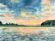 Sunset on the river, golden sky, waterways, 