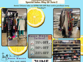 "Score Big Savings at Penny Thrift Sales May 28- June 2: 50% OFF Shoes and Clothing Accessories (excludes jewelry). Sales up to 75% OFF!"