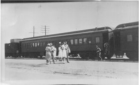 Familiar scene at this Depot between Dec. 1941 & end of 1945. Troop train on the rail sidi