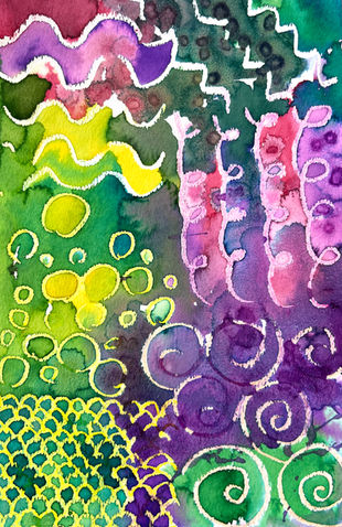 Vibrant abstract watercolor painting featuring diverse patterns like waves, swirls, and scales.