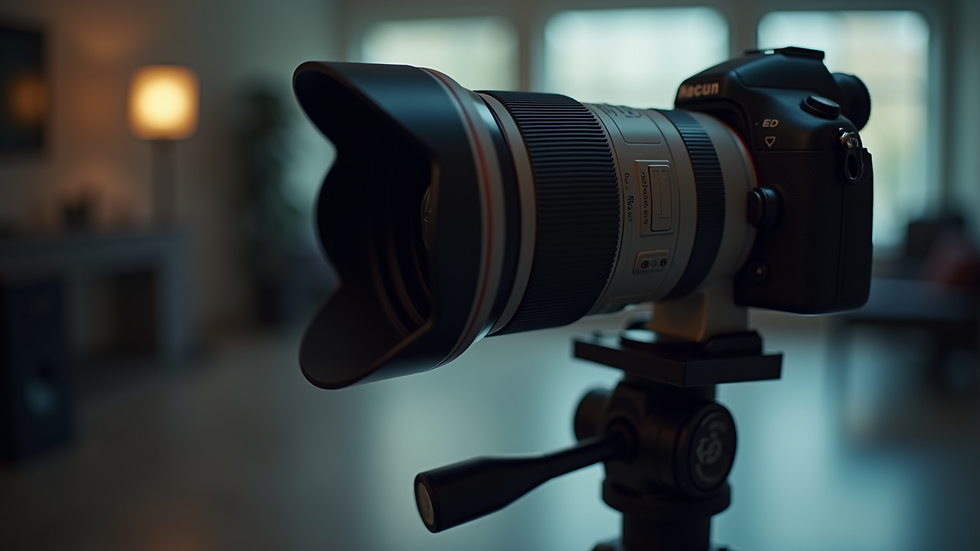 Close-up view of a professional camera lens on a tripod in a studio setting