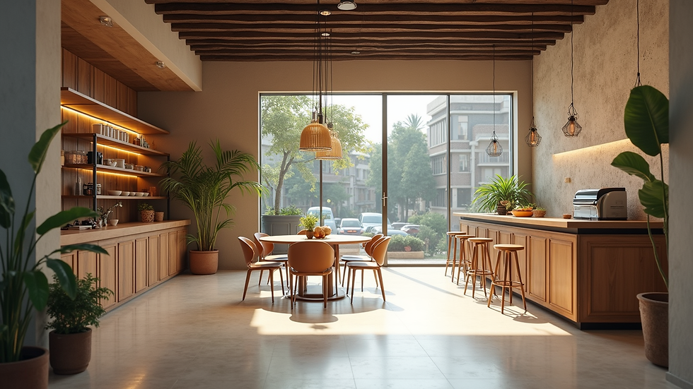 Vista de un espacio comercial transformado con un diseño moderno y acogedor