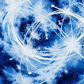 Blue and white painting representing quantum entanglement that can be placed by an interio