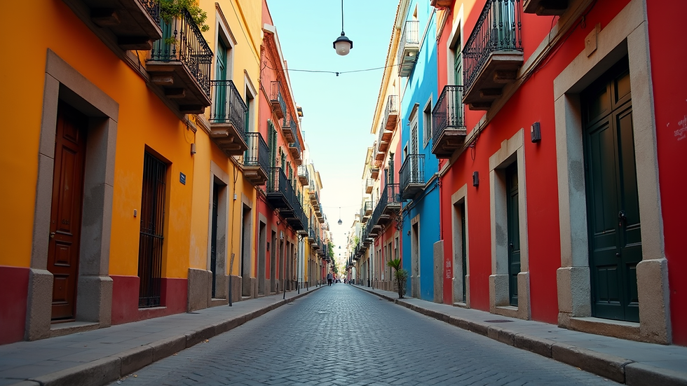 Eye-level view of a colorful street in Mexico City with traditional buildings