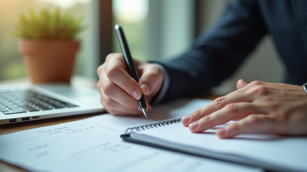 Close-up view of a person writing a budget plan on a notebook