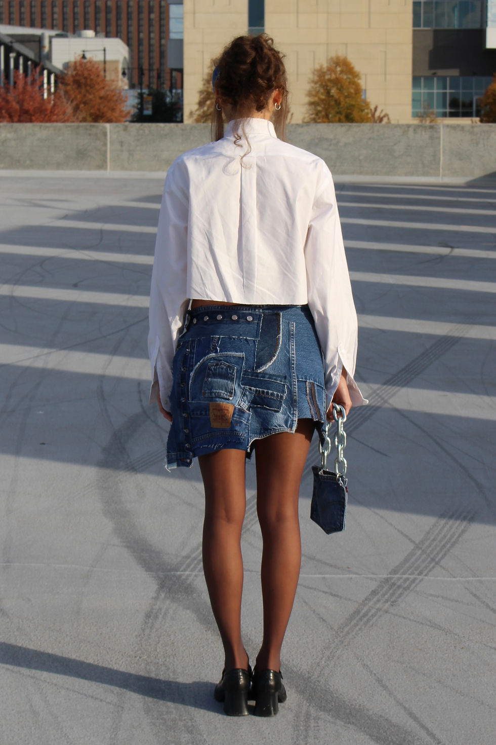 Thumbnail: 1/1 Upcycled Denim Scrap Mini Skirt and Tie Set in Dark Blue