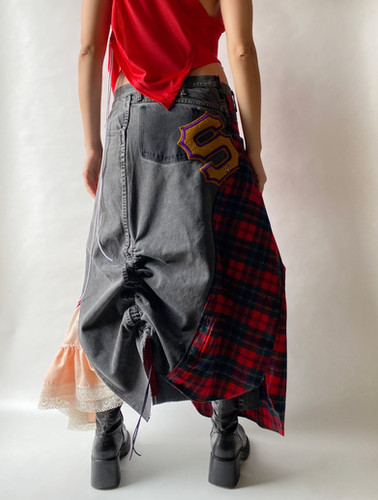 1/1 Upcycled Plaid Denim Jersey Lace Patchwork Maxi Skirt | Yvonne