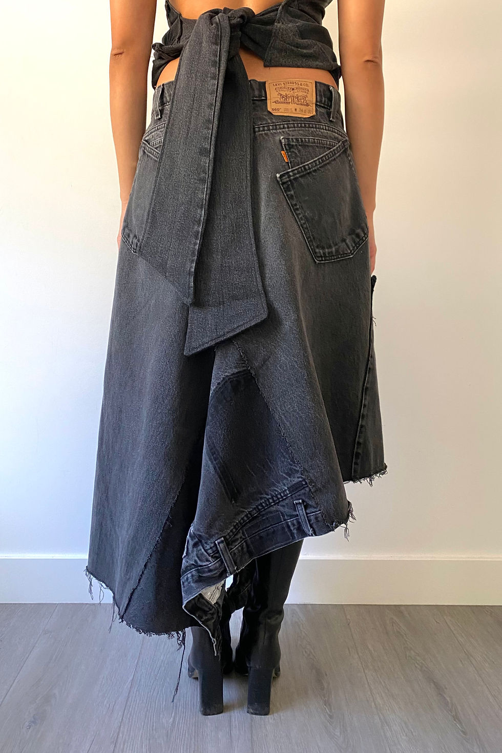 Thumbnail: 1/1 Upcycled Levi's Black Denim Double-Pocket Patchwork Maxi Skirt