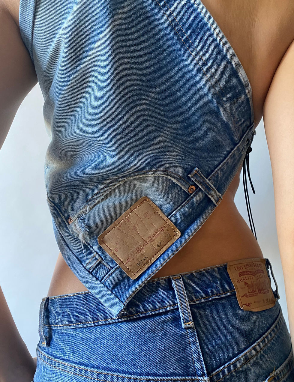 Thumbnail: 1/1 Upcycled Denim Jean One-Shoulder Top