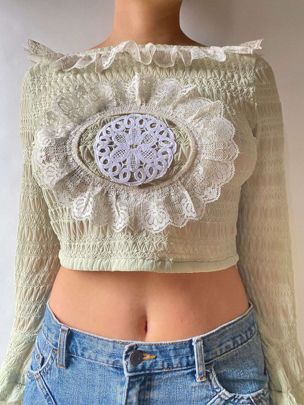 Thumbnail: 1/1 Upcycled Ruffle Lace Long-Sleeve Crop Top