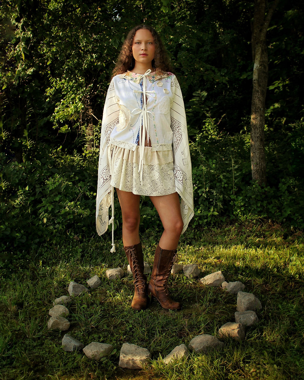Thumbnail: 1/1 Upcycled Lace Doily Patchwork Bell Sleeve Blouse