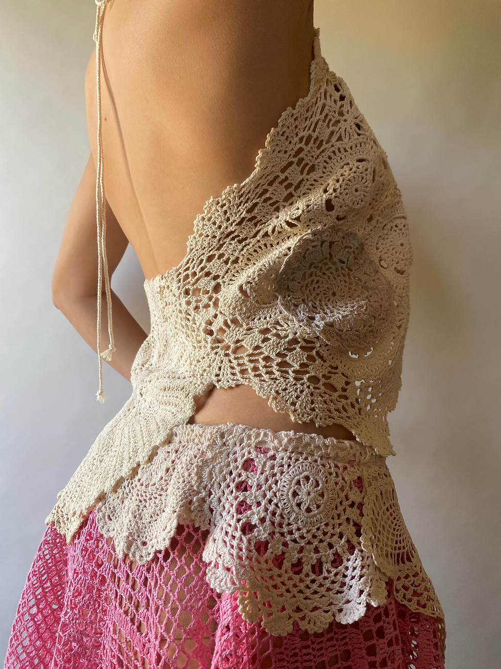 Thumbnail: 1/1 Upcycled Doily Patchwork Button Halter Top