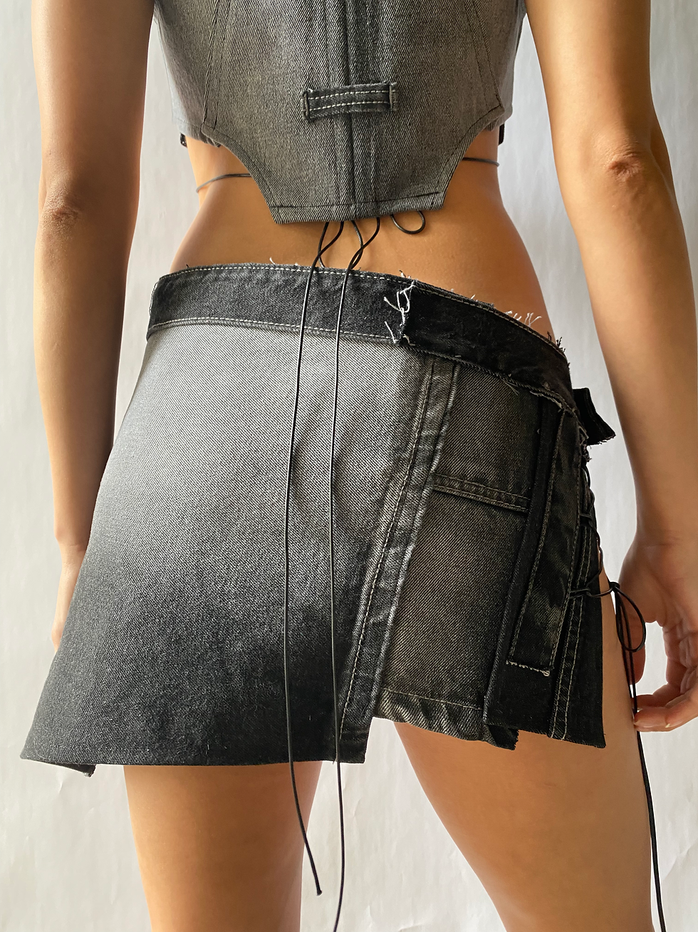 Thumbnail: 1/1 Upcycled Denim Crop Top and Mini Skirt Set