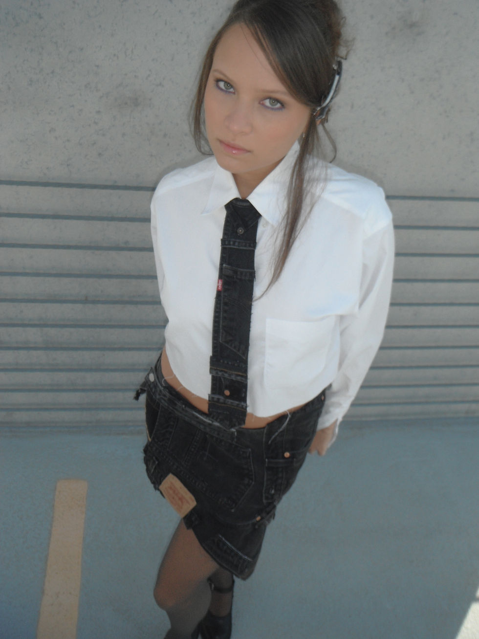 Thumbnail: 1/1 Upcycled Denim Scrap Mini Skirt and Tie Set In Charcoal
