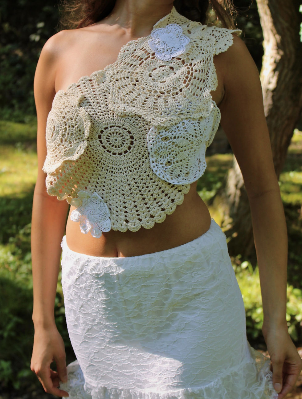 Thumbnail: 1/1 Upcycled Crochet Patchwork One-Shoulder Tie Top in Cream