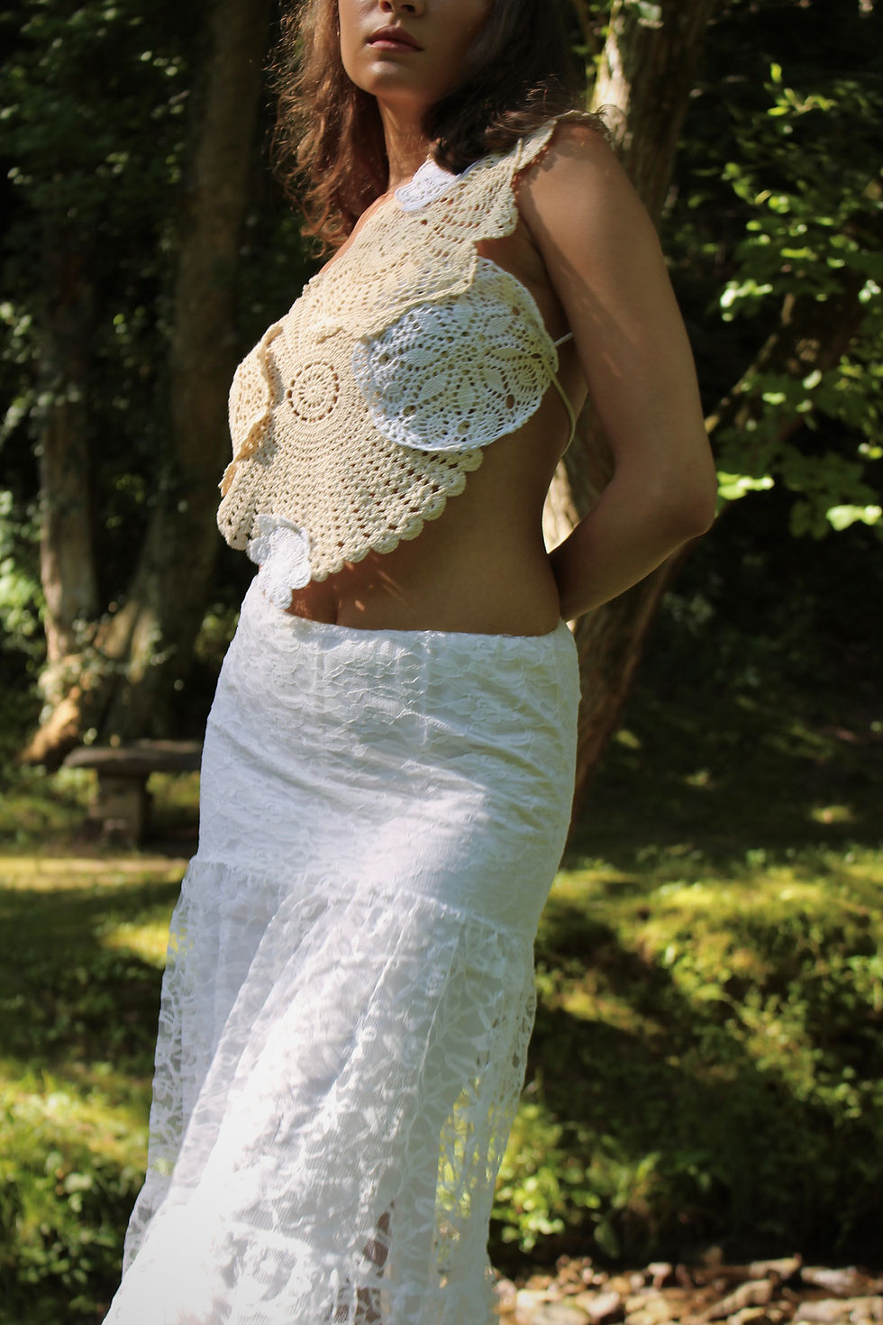 Thumbnail: 1/1 Upcycled Crochet Patchwork One-Shoulder Tie Top in Cream