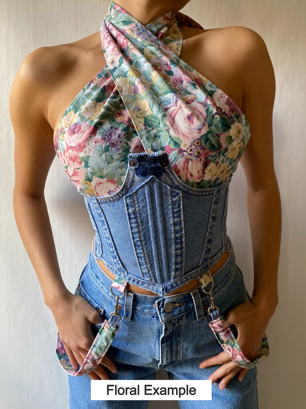 Thumbnail: Custom Made-to-Order Upcycled Denim Halter Corset