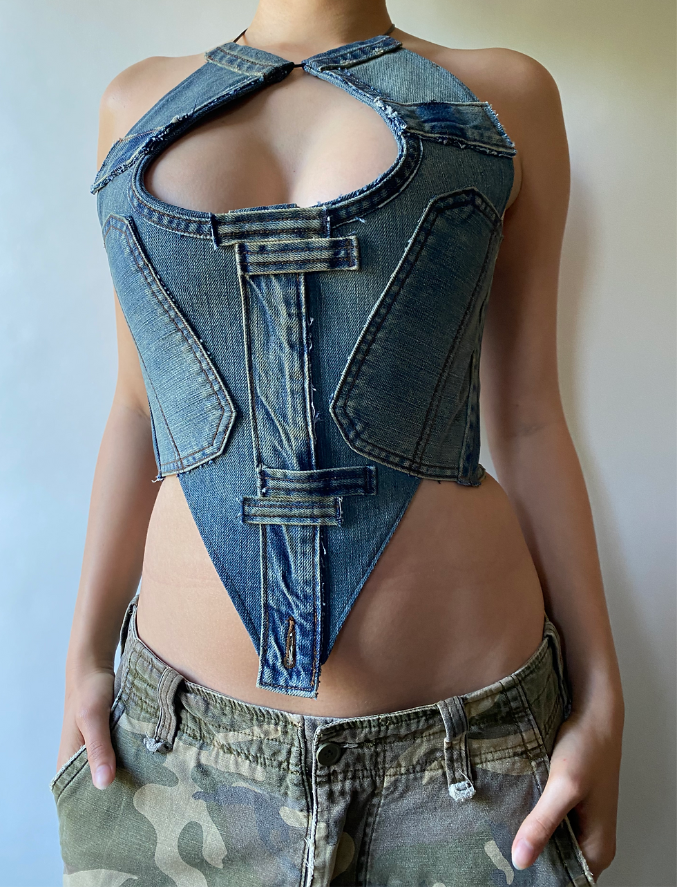 Thumbnail: 1/1 Upcycled V-Cut Denim Halter Corset