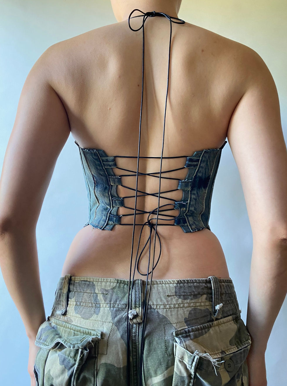 Thumbnail: 1/1 Upcycled V-Cut Denim Halter Corset