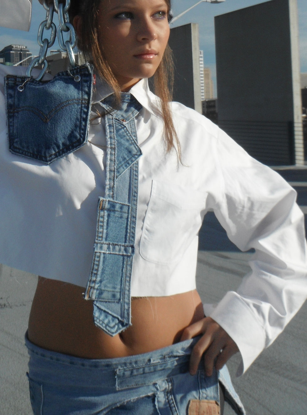 Thumbnail: 1/1 Upcycled Denim Scrap Mini Skirt And Tie Set in Ombre Light Blue
