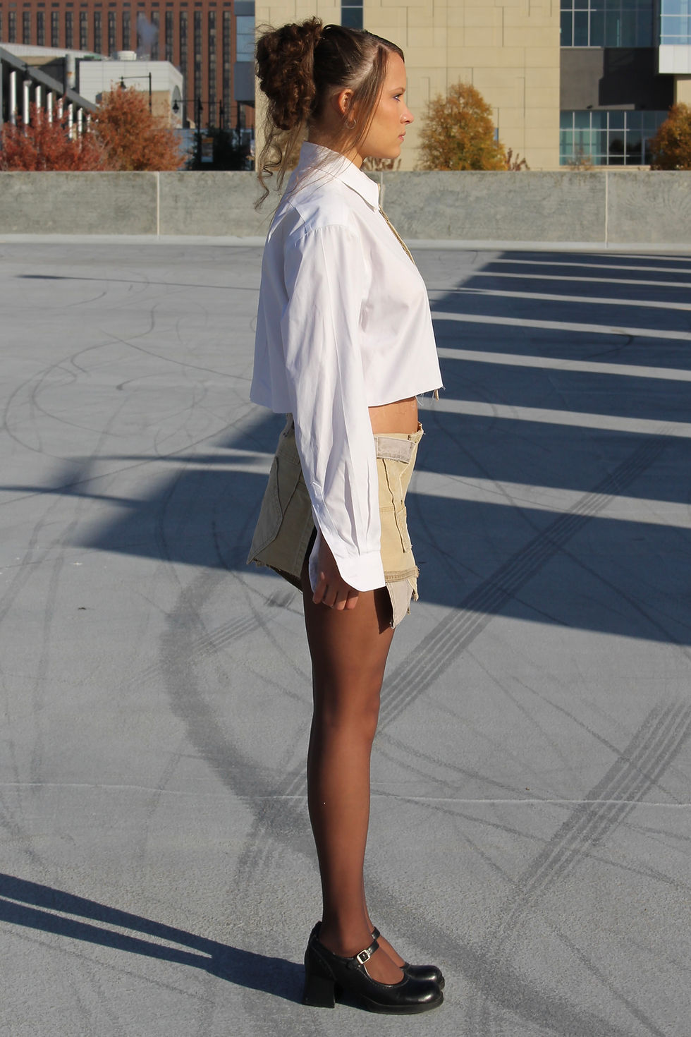 Thumbnail: 1/1 Upcycled Denim Scrap Mini Skirt and Tie Set In Sand