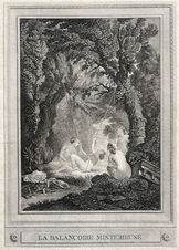 Gravure de Géraud Vidal d’après Nicolas Lavreince. Quatre jeunes femmes nues profitent d’une idylle estivale au bord d’une rivière boisée ; l’une d’elles se balance sur une balançoire suspendue à de vieux arbres.