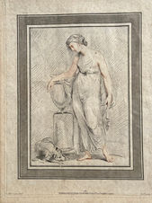 Gravure en manière de points, imitation de sanguine, par Richard Earlom d’après Giovanni Battista Cipriani (1787). Une jeune femme en vêtement antique s’appuie pensivement contre une grande vase, un chien endormi à ses pieds.