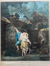 Estampe en couleurs de 1787 intitulée L’ESCALADE OU LES ADIEUX DU MATIN. Dans une cour rurale, un jeune homme en veste bleue embrasse une jeune fille en jupe jaune. Un chien et un coq sont également visibles. La scène est détaillée et richement colorée. En bas à gauche : « Peint et gravée par De Bucourt peintre du Roy 1787 ».