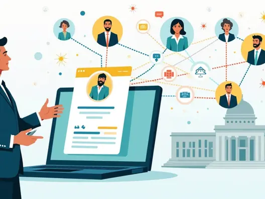 Deputado em perfil profissional conectado a apoiadores em rede digital 