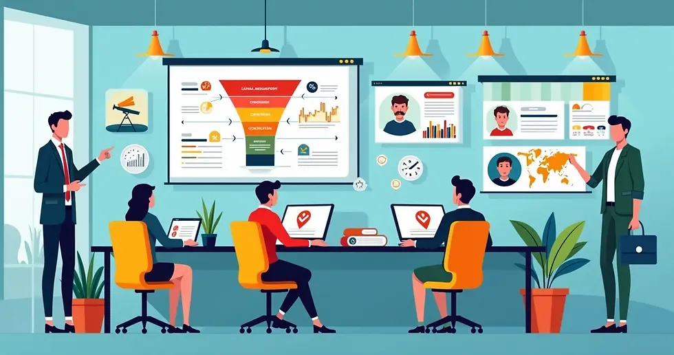 Ilustração de equipe em agência de marketing político planejando campanha eleitoral digital