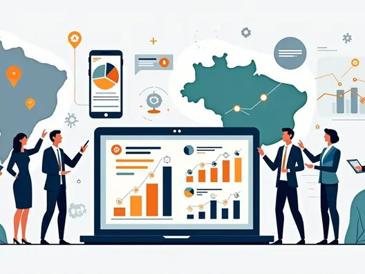 Ilustração de políticos analisando resultados de pesquisa online em um painel digital 