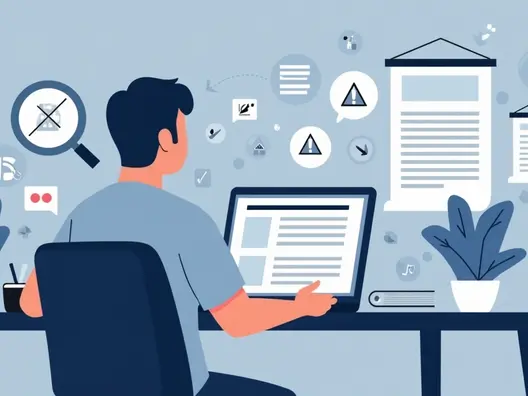 Ilustração corporativa mostrando uma pessoa analisando notícias em um laptop com ícones de alerta e símbolos de fake news ao redor