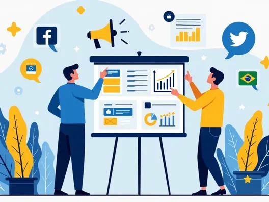 Ilustração corporativa plana de um marqueteiro político coordenando campanha eleitoral com gráficos, redes sociais e candidato