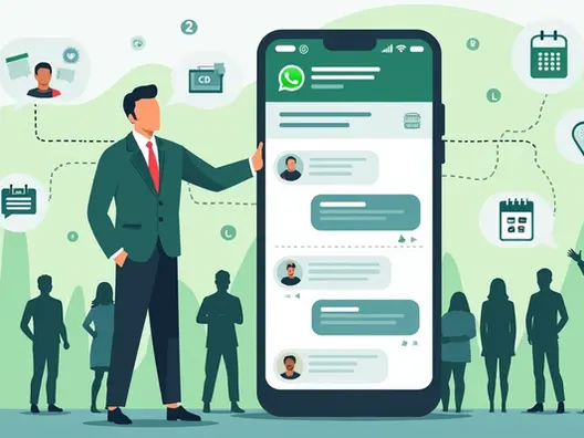 Ilustração de líder político coordenando mobilização de base via WhatsApp 