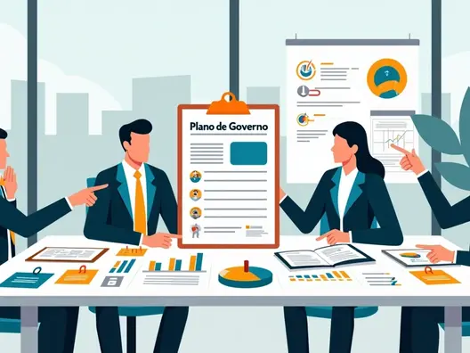 Equipe organizando plano de governo de campanha em mesa de trabalho estratégica 