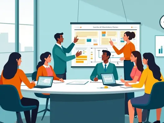 Reunião de conselho regional com pessoas em volta de mesa redonda analisando gráficos e fazendo planejamento participativo 