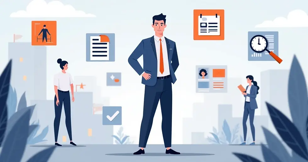 Ilustração plana corporativa mostrando um candidato hesitante diante de cinco ícones representando mitos sobre agências políticas, com gráficos, contratos e comunicação ao fundo