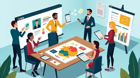 Ilustração de equipe planejando estratégias de campanha eleitoral com mapa, redes sociais e gráficos