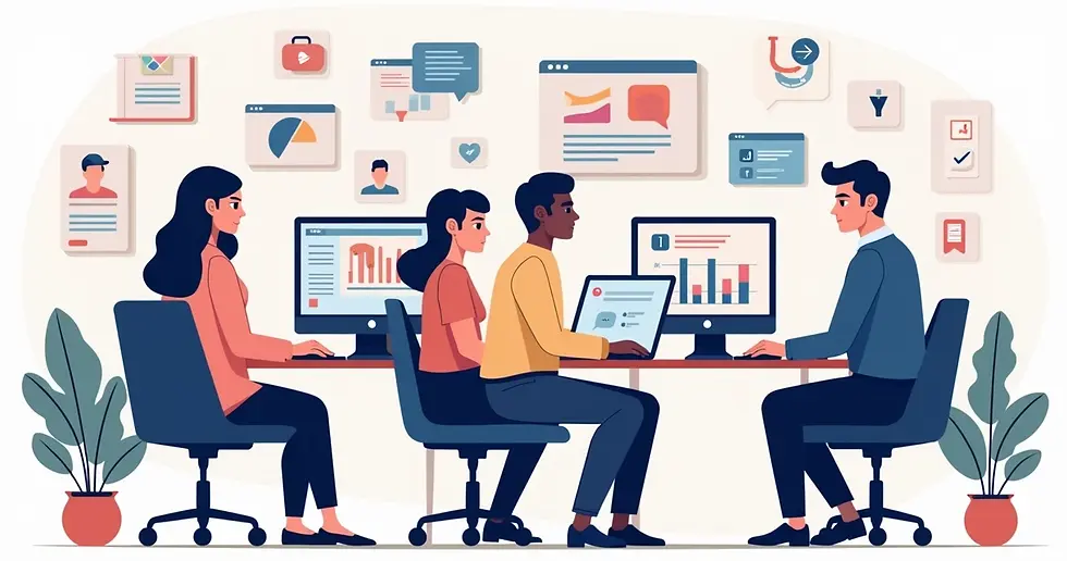 Ilustração corporativa plana mostrando equipe de marketing eleitoral digital trabalhando com computadores e gráficos de campanha digital em telas 