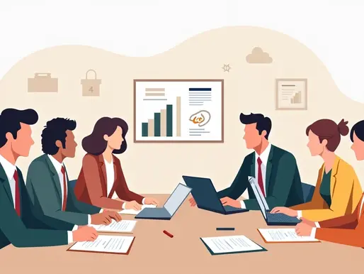 Ilustração corporativa plana de uma equipe montando comissão eleitoral para eleição sindical, com pessoas discutindo documentos e planejando em mesa de reunião