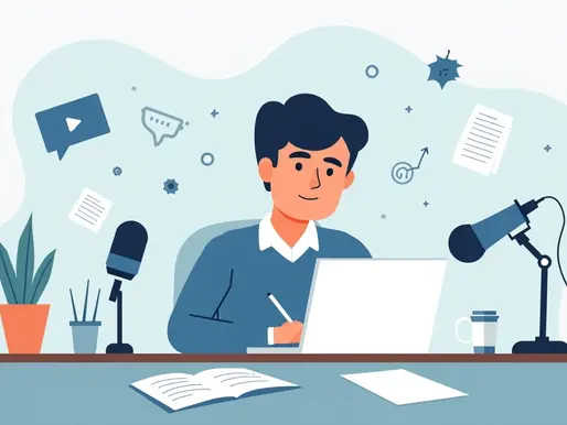 Ilustração corporativa de uma pessoa escrevendo discurso ao computador com anotações e microfone em mesa de trabalho