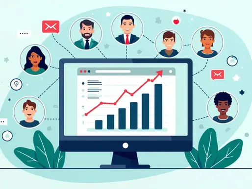 Ilustração corporativa flat mostrando tela de computador com campanha de e-mail marketing para sindicato, gráficos de engajamento, pessoas conectadas e ícones de e-mail e mobilização