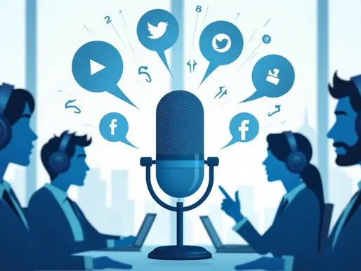 Ilustração corporativa de podcast sobre comunicação política com microfone e ícones digitais 