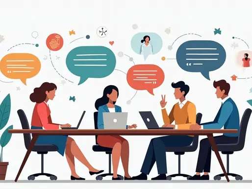 Ilustração corporativa de equipe discutindo com comunicação ativa e harmoniosa em ambiente de trabalho