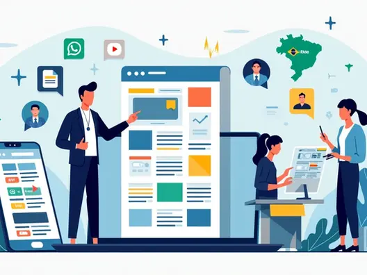 Ilustração de candidato com equipe organizando pacote de redes sociais em vários dispositivos 